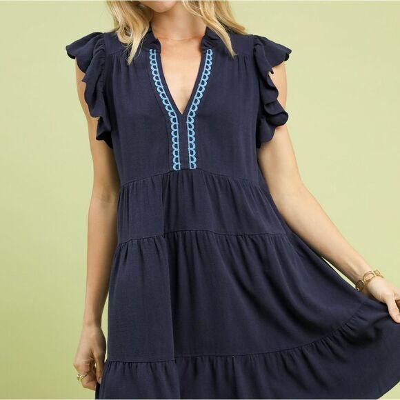 Umgee  Navy Ruffled Linen Tiered Baby Doll Dress sz Lg - Picture 5 of 6